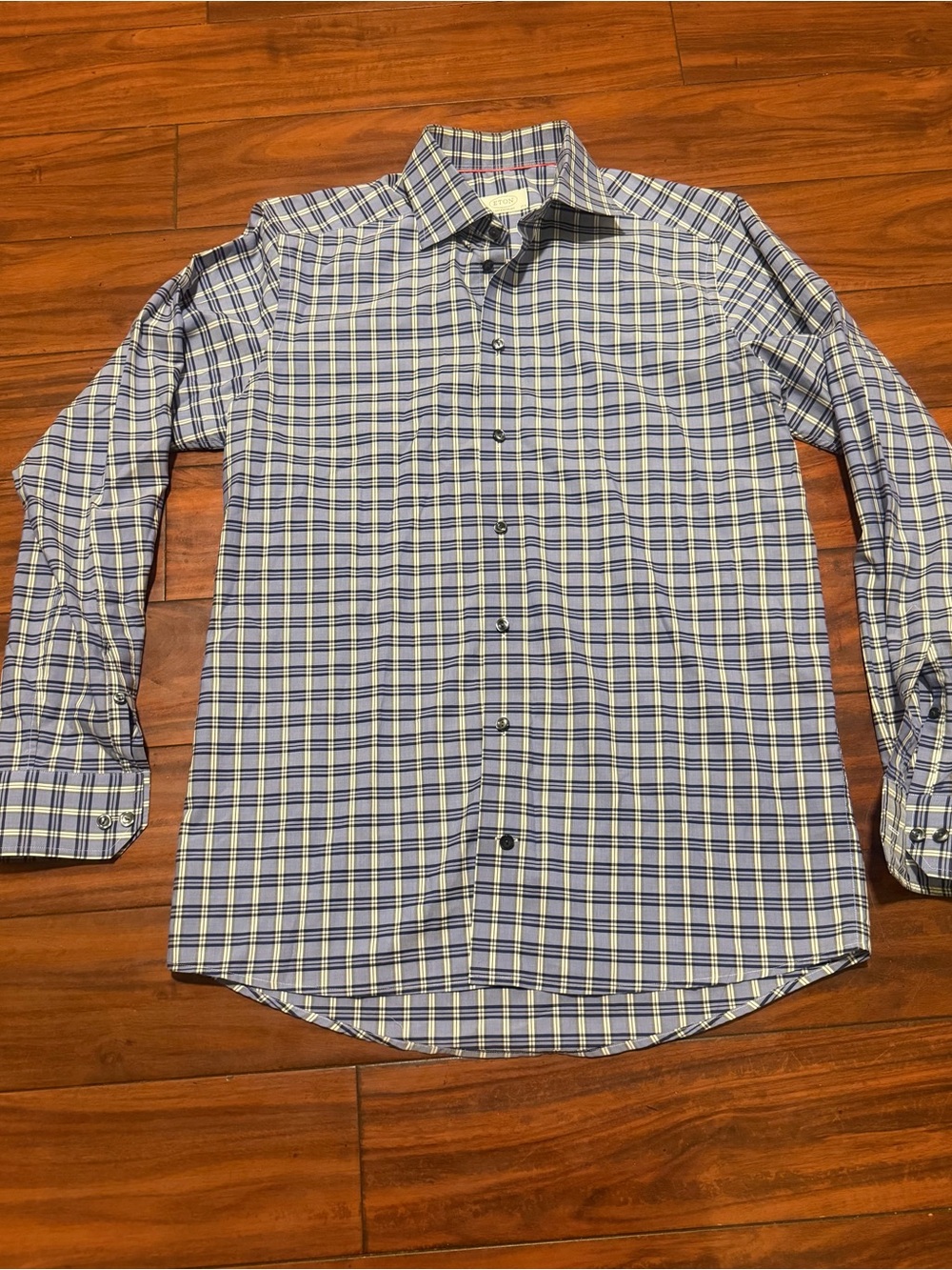 Eton Blue, White and Yellow Plaid Casual Button-Down Shirt